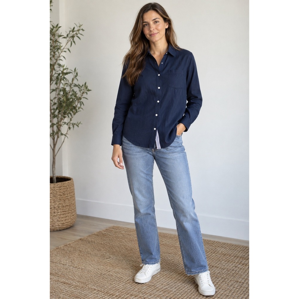 Sundry Navy Blue Cotton Button Down Shirt Side Stripe XS Made in USA